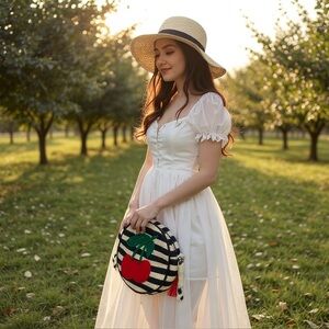 Paper Source 100 % cotton cherry round zip top purse crossbody